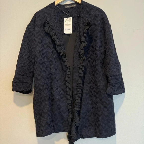 Zara Jacquard Kimono Jacket Tassel Boho Blue S - Picture 1 of 6